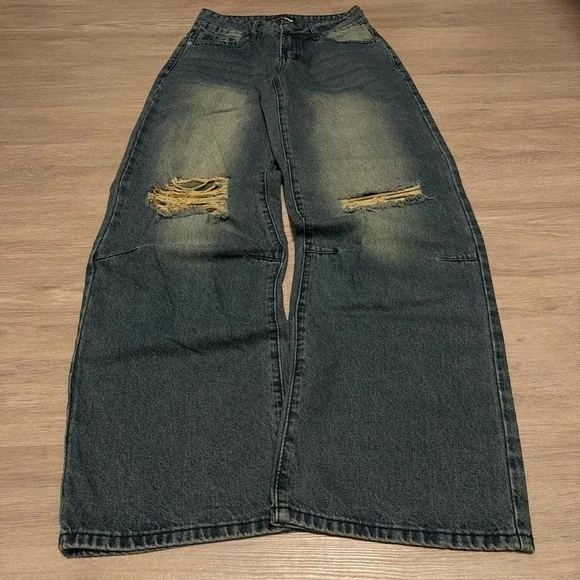 26x30 Mud Wash Baggy Wide Leg Distressed Jeans Y2K Vintage 2000s - Picture 1 of 6